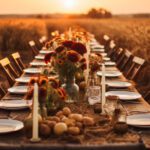 long banquet table setting, wheat field, fall harvest season, wide, rustic, fete party, outside dining tablescape