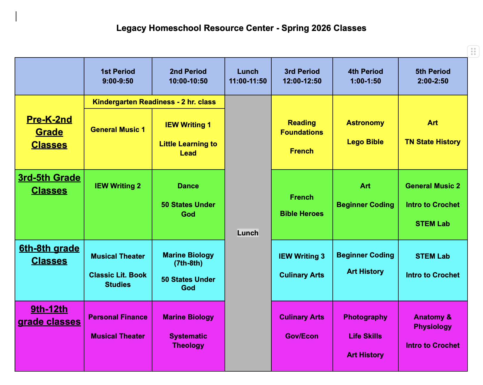 Fall 2026 Semester Schedule homeschool classes