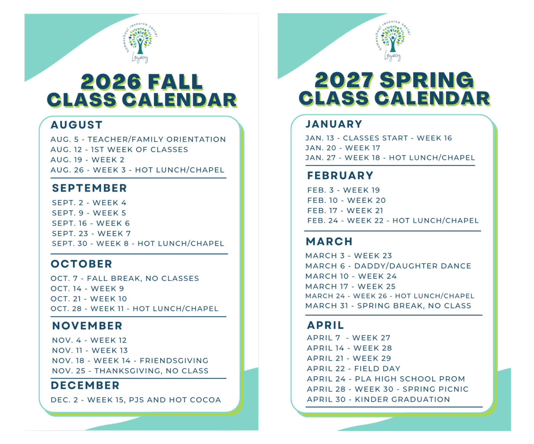 legacy homeschool resource center 2026/27 school calendar